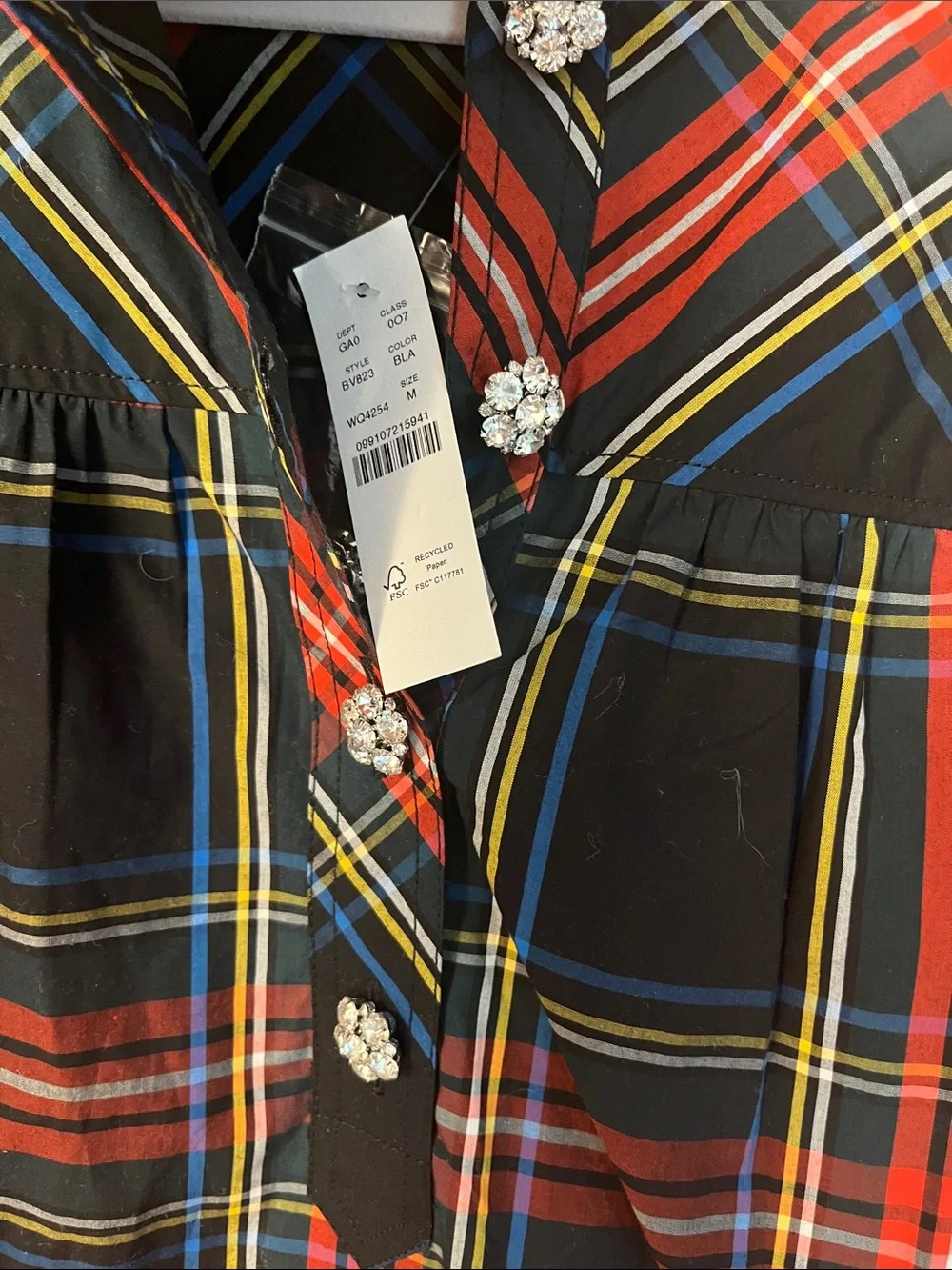 J. Crew Black Plaid Button-Up Blouse with Red and Yellow Stripes
